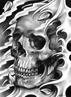 a drawing of a skull with flames coming out of it