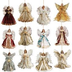 an assortment of angel ornaments hanging from strings on a white background with clippings