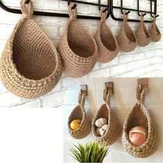 there are several baskets hanging on the wall next to a potted plant with eggs in them