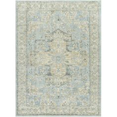 an area rug with blue and beige colors