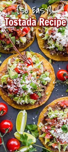 Homemade Tostadas are so satisfying and easy to make. These are loaded with refried beans, beef, and all of the best tostada toppings Authentic Mexican Tostadas, Pork Tostadas Shredded, Beef And Bean Tostadas, Tostada Topping Ideas, Tostada Sides, Recipes With Tostada Shells