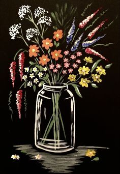 a painting of flowers in a glass vase on a black background with white and red accents