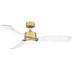 a gold ceiling fan with white blades and a light on the blade, against a white background