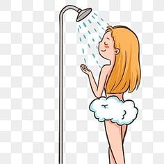 a woman standing under a shower head in the rain, cartoon, character png and psd