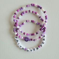 Faith Over Fear Purple Beaded Bracelet Set. Made With Seed Beads, Acrylic Beads, And Letter Beads. Strung On Strong Stretch Cord. Brand New Condition. Layering Bracelets. Length: 7" Ships Next Business Day Offers Are Welcome Seed Bead Bracelet Sets, Playful Purple Beaded Bracelets For Gifts, Purple Stretch Bracelet With Letter Beads For Birthday, Purple Stretch Bracelet With Letter Beads, Adjustable Purple Letter Beads Bracelet, Adjustable Purple Name Bracelet With Letter Beads, Purple Beaded Bracelets, Colorful Bead Bracelets, White Bracelets