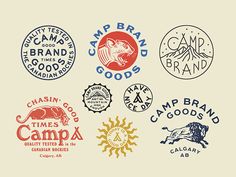 various logos for camp brands are shown in different colors and sizes on a white background