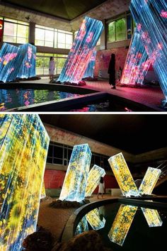 two images show the inside of a building with lights projected on it