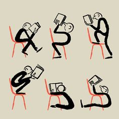 six drawings of people sitting in chairs with books on their backs, reading and doing different things