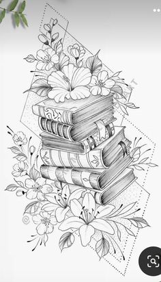 some books are stacked on top of each other with flowers and leaves in the background