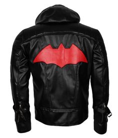 Inspired by Batman the Animated Series Cosplay Leather Jacket Costume. Black hooded faux leather jacket with red batman logo. Belted and zipped cuffs. Amazing style leather costume jacket for cosplay of Arkham Knight. Find more at Alex Gear Hooded Knight, Batman Jacket, Hooded Leather Jacket, Black Batman, Knight Costume, Batman Arkham Knight, Black Knight