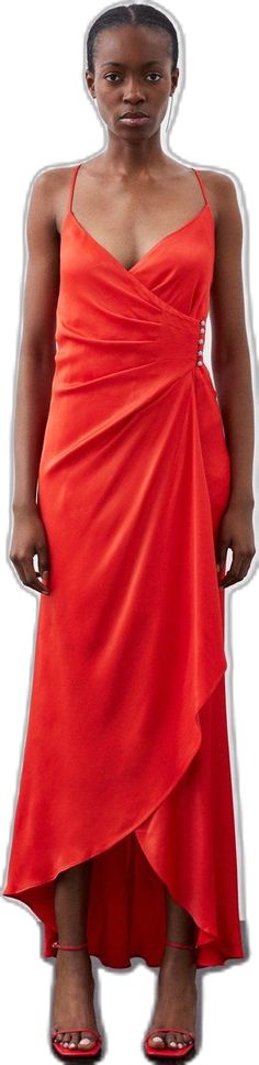 Red Draped Dress With Ruched Bodice, Red Pre-draped Draped Dress, Red Silk Ruched Dress, Red Draped Silk Dress, Waterfall Skirt, Satin Slip, Karen Millen, Fashion Face, Timeless Pieces