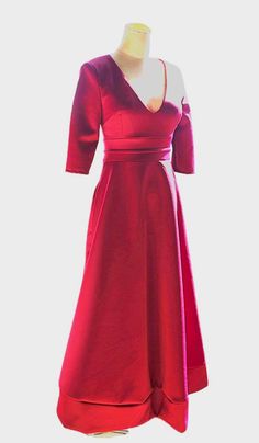 Luexco Elegant Deep V Neck Half Sleeve Dress-Red Chic V-neck Prom Gown, Elegant V-neck Midi Evening Dress, Evening V-neck Maxi Dress With Fitted Bodice, Dressy A-line Midi Dress For Evening, Elegant Floor-length Maxi Dress For Gala, Elegant Floor-length Gala Maxi Dress, Holiday Evening A-line Midi Dress, Glamorous A-line Midi Dress For Prom, Elegant V-neck Prom Dress