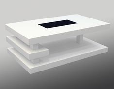 two white tables sitting on top of each other in front of a gray background with one black square