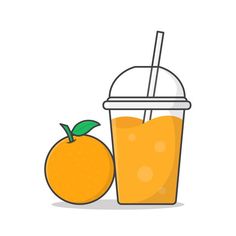 an orange next to a cup with a straw and a drink on the side that is half full