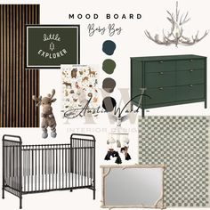 a baby's nursery room with green and brown accents, including a crib