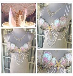 four pictures of different bras with wings and beads on them, including one in the shape of an angel