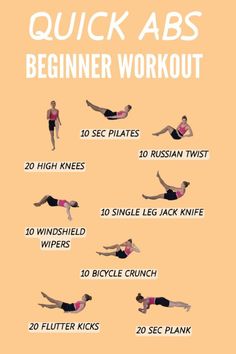 a woman doing an abs workout with the text quick abss beginer workout on it