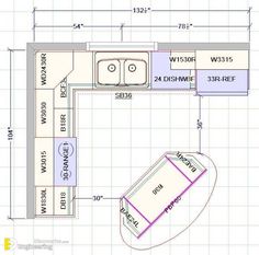 a drawing of a kitchen with blueprints on the wall and floor plans for it