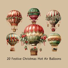 four hot air balloons with christmas decorations on them