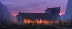 a painting of an old church in the middle of a foggy forest at sunset