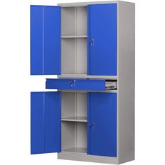 two blue and gray cabinets with doors open