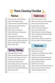 a cleaning checklist with the words home cleaning checklist written in blue and pink