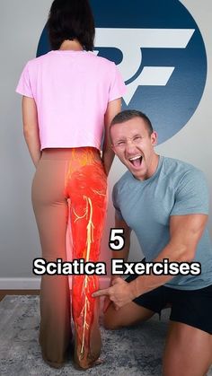 a man and woman standing next to each other with the words 5 sciatica exercises