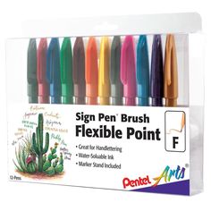 the pen brush is in a clear box with six different colored pens inside each one