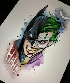 a drawing of the joker with green hair and his face painted in watercolors