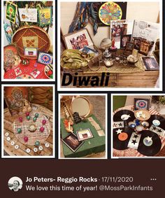 there are many pictures of different items on the table and in front of them is an advertisement for dwali