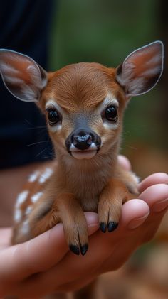 a small baby deer sitting on top of someone's hand with it's eyes wide open