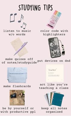 a pink poster with words and pictures on it that say studying tips, listen to music w / o words