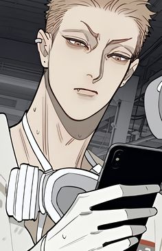 an anime character holding a cell phone in his right hand and looking at the screen