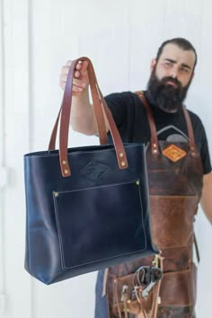 Blue Leather Bag, Monogram Tote, Leather Ideas, Bag Designs, Leather Crafts