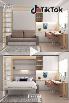 two pictures of a bedroom with a bed, desk and shelves on the wall next to each other