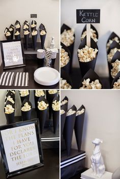 black and white popcorn bags with little corn in them for a movie themed birthday party