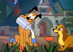 an animated image of two dogs in front of a house with tulips on the ground