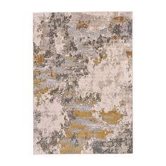 an area rug with various colors and patterns on the floor, including gray, yellow, beige