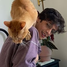 a cat sitting on the back of a woman's shoulder while she is petting it