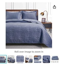 the blue bedspread is on display in this ad for bed linens and pillows