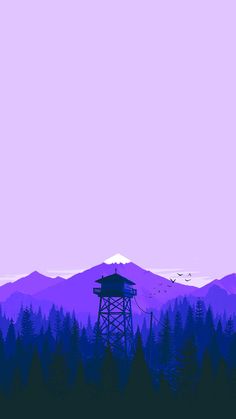 a tall tower sitting in the middle of a forest next to a purple and blue sky