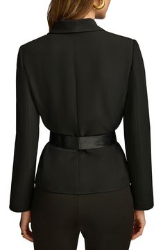 A graceful shawl collar and a cinched waist switch up the silhouette for this staple jacket. 23" length Front hidden-snap closure Shawl collar Removable belt Lined 96% polyester, 4% spandex Dry clean Imported Belted Blazer, Nordstrom Store, Donna Karan, Black Blazers, Cinched Waist, Black Fits, Shawl Collar, Snap Closure, Shawl