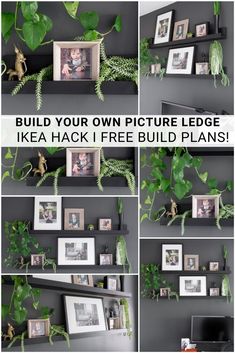 a collage of photos and plants with the words build your own picture ledge ikea hack