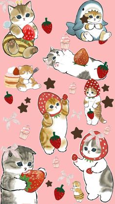 Kittens strawberries cute kawaii illustration Pretty Wallpaper Ipad, Phone Wallpaper Patterns, Cat Posters, Retro Wallpaper, Iphone Background Wallpaper, Homescreen Wallpaper, Dreamy Art, Kawaii Wallpaper, Cat Wallpaper