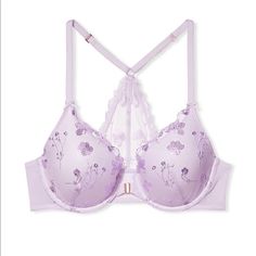 Victoria’s Secret Body By Victoria Full Coverage Shimmer Floral Racerback Bra. Color Lavender Mist, Which Is A Light Purple Color. Lace Overlay Flower Design On The Bra And Back Halter Section. Halter Style With Adjustable Straps. Front Closure. Beautiful Brand New Bra Still In Packaging. Never Worn. See Photos For Condition. Bought The Last One On Vs.Com. Product Is Out Of Stock. Snap Up This Rare Find. Lavender Mist, Body Bra, Light Purple Color, Vs Lingerie, Purple Bras, Green Bras, Padded Bralette, Coral Lace, Washable Markers