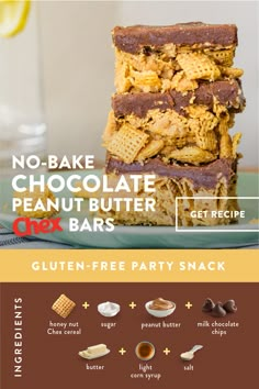 Chex Bars, Gluten Free Party Snacks, Gluten Free Party, Chocolate Chex, Snack For Kids, Butter Chocolate, Peanut Butter Chocolate, Holiday Desserts