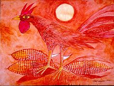 a drawing of a rooster on top of leaves with the moon in the distance behind it