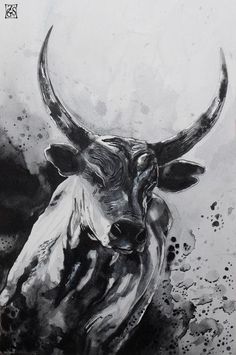 a black and white painting of a bull's head