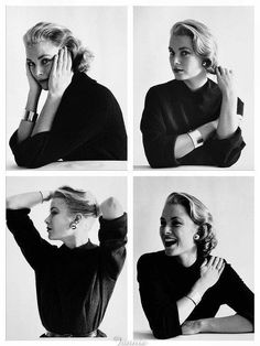 black and white photo of woman in four different poses with her hands on her head