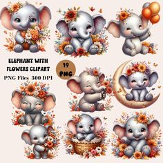 elephant with flowers clipart for use in digital stamps or embellishments, etc